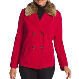 Chicos 1 Red Double Breasted Peacoat Faux Fur Collar Jacket Mob Wife Old Money M